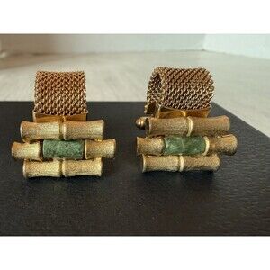 Vintage Anson Gold-Tone Mesh Wrap Bamboo Design Cufflinks with Green Jade Accent